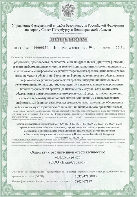 Разработка, производство и распространение шифровальных (криптографических) средств, работы и услуги в области шифрования информации